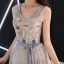Chic / Beautiful Grey Evening Dresses  2019 A-Line / Princess V-Neck Crystal Lace Flower Bow Sleeveless Backless Floor-Length / Long Formal Dresses