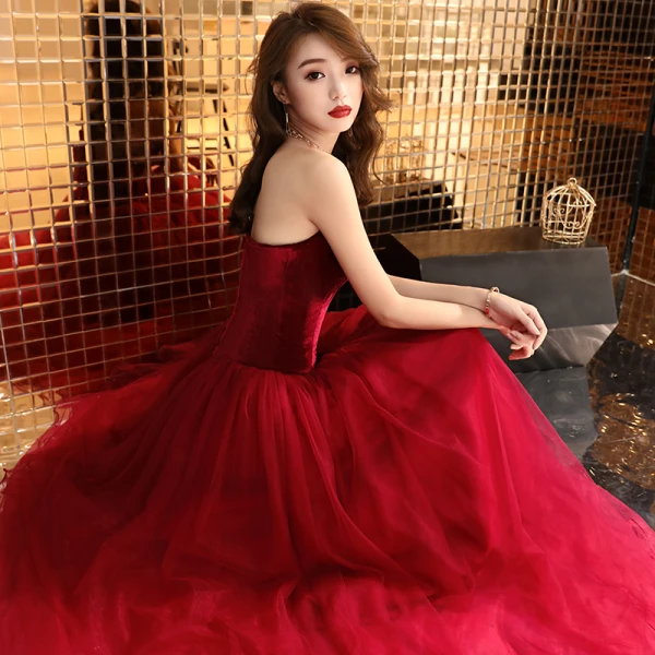 Sexy Burgundy Prom Dresses 2019 A-Line / Princess Strapless Suede Sleeveless Backless Floor-Length / Long Formal Dresses