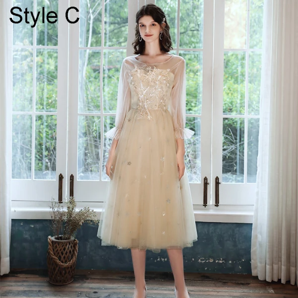 Chic / Beautiful Champagne Bridesmaid Dresses 2021 A-Line / Princess Scoop Neck Lace Flower Appliques Rhinestone Short Sleeve Backless Tea-length Wedding Party Dresses