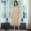 Chic / Beautiful Champagne Bridesmaid Dresses 2021 A-Line / Princess Scoop Neck Lace Flower Appliques Rhinestone Short Sleeve Backless Tea-length Wedding Party Dresses