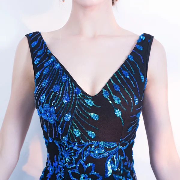 Chic / Belle Bleu Marine Robe De Soirée 2018 Trompette / Sirène Paillettes V-Cou Dos Nu Sans Manches Longue Robe De Ceremonie