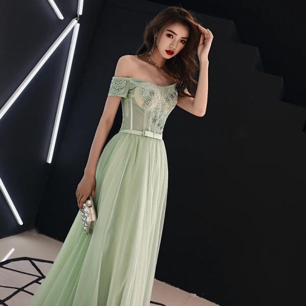 Elegant Sage Green Prom Dresses 2019 A-Line / Princess Off-The-Shoulder Lace Flower Appliques Beading Rhinestone Bow Short Sleeve Floor-Length / Long Formal Dresses