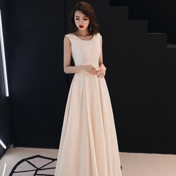 Elegant Ensfarget Champagne Selskapskjoler 2019 Prinsesse Scoop Halsen Perle Rhinestone Uten Ermer Lange Formelle Kjoler