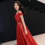Charming Red Evening Dresses  2019 A-Line / Princess V-Neck Beading Sequins Metal Sash Glitter Tulle Short Sleeve Backless Floor-Length / Long Formal Dresses