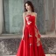 Chinese style Red Evening Dresses  2019 A-Line / Princess Strapless Appliques Lace Bow Sleeveless Backless Court Train Formal Dresses