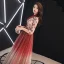 Charming Gradient-Color Burgundy Evening Dresses  2019 A-Line / Princess V-Neck Lace Star 3/4 Sleeve Floor-Length / Long Formal Dresses