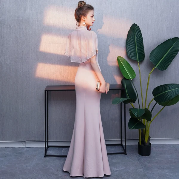 Élégant Rougissant Rose Robe De Soirée 2019 Trompette / Sirène Col Haut Faux Diamant Manches Courtes Fendue devant Longue Robe De Ceremonie