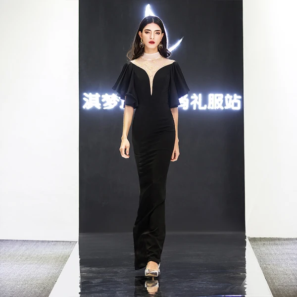 Chic / Belle Noire Robe De Soirée 2019 Trompette / Sirène Col Haut En Dentelle Fleur Manches Courtes Longue Robe De Ceremonie