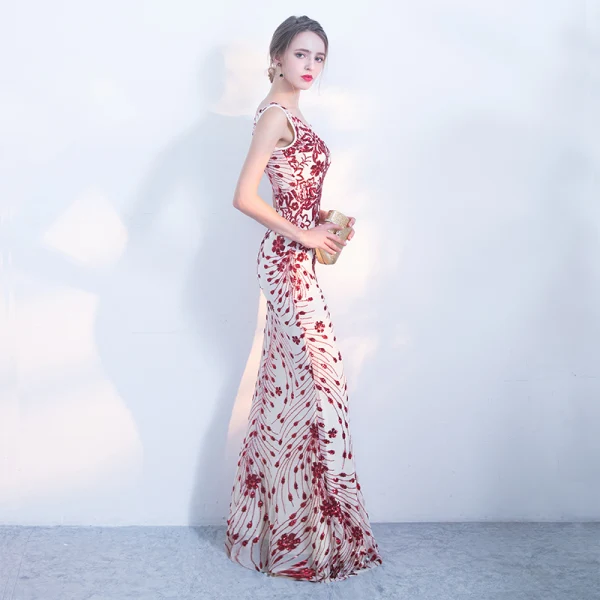 Sexy Burgundy Champagne Formal Dresses 2018 Trumpet / Mermaid Sequins V-Neck Backless Sleeveless Floor-Length / Long Evening Dresses