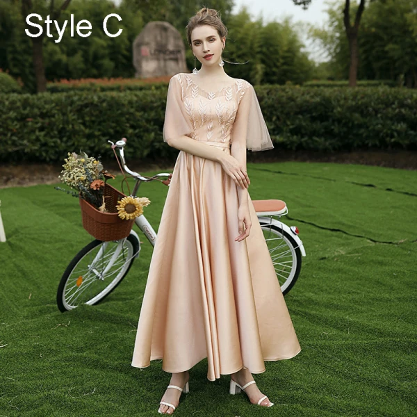 Modest / Simple Champagne Satin Embroidered Bridesmaid Dresses 2021 A-Line / Princess Scoop Neck 1/2 Sleeves Backless Floor-Length / Long Wedding Party Dresses