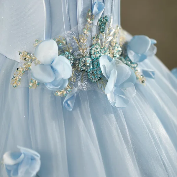 Elegant Sky Blue Beading Sequins Appliques Prom Dresses 2025 Ball Gown Off-The-Shoulder Tassel Short Sleeve Backless Floor-Length / Long Formal Dresses