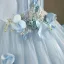 Elegant Sky Blue Beading Sequins Appliques Prom Dresses 2025 Ball Gown Off-The-Shoulder Tassel Short Sleeve Backless Floor-Length / Long Formal Dresses