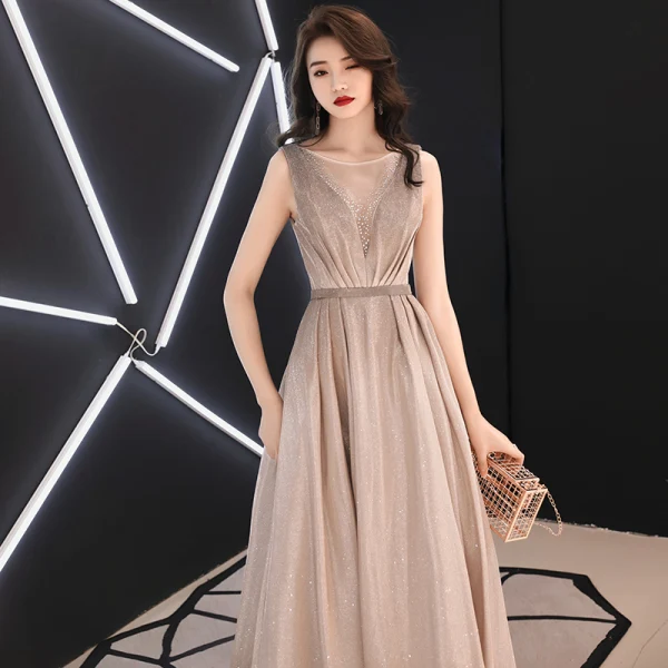 Charmant Dégradé De Couleur Robe De Soirée 2019 Princesse Encolure Dégagée Glitter Polyester Faux Diamant Sans Manches Dos Nu Longue Robe De Ceremonie