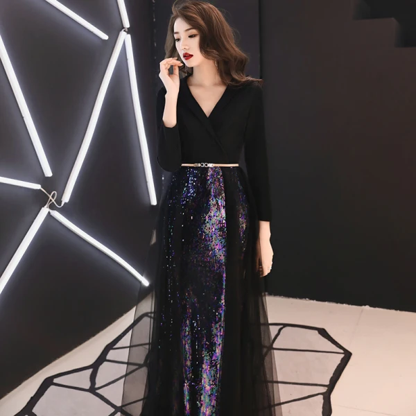 Chic / Beautiful Black Evening Dresses  2019 A-Line / Princess V-Neck Sash Sequins 3/4 Sleeve Floor-Length / Long Formal Dresses