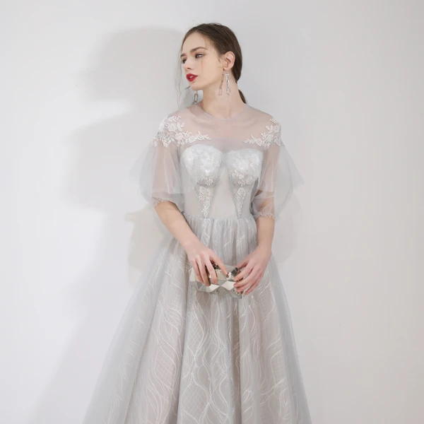 Elegant Grey Evening Dresses  2019 A-Line / Princess Scoop Neck Appliques Lace Flower 1/2 Sleeves Floor-Length / Long Formal Dresses