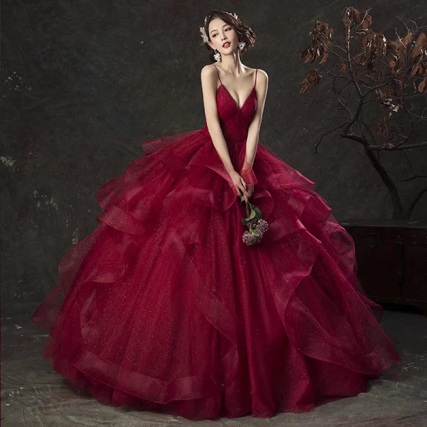 Charming Quinceañera Burgundy Prom Dresses 2019 Ball Gown Spaghetti Straps Glitter Sleeveless Backless Cascading Ruffles Floor-Length / Long Formal Dresses
