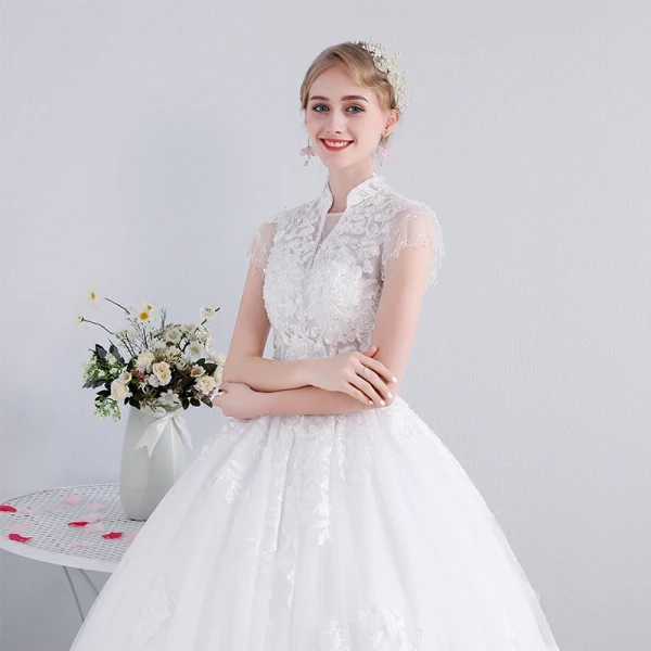 Elegant White Wedding Dresses 2019 Ball Gown High Neck Lace Flower Sequins Short Sleeve Backless Floor-Length / Long