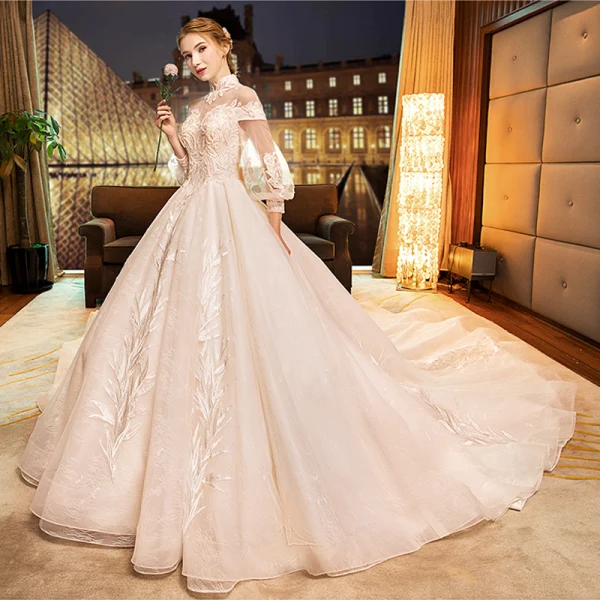 Charming Champagne Wedding Dresses 2019 Ball Gown High Neck Beading Crystal Lace Flower Long Sleeve Backless Royal Train