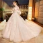 Charming Champagne Wedding Dresses 2019 Ball Gown High Neck Beading Crystal Lace Flower Long Sleeve Backless Royal Train