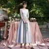 Elegant Silver Grey Satin Bridesmaid Dresses 2021 A-Line / Princess Scoop Neck Lace Flower 1/2 Sleeves Backless Ankle Length Wedding Party Dresses