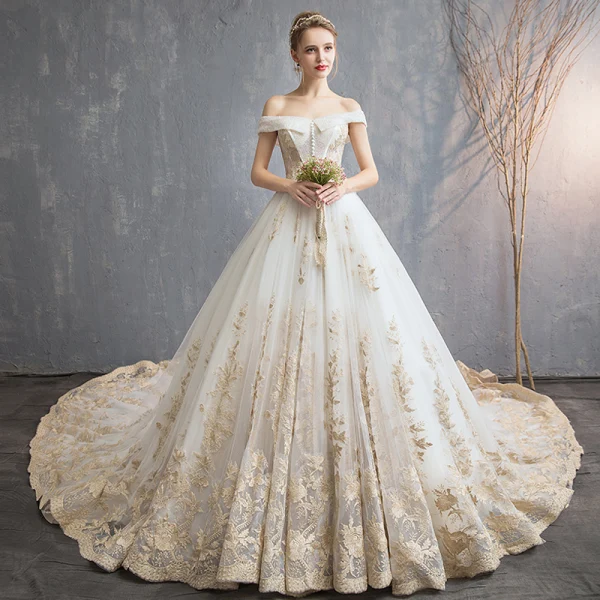 Luxury / Gorgeous Champagne 2019 Wedding Dresses Ball Gown Off-The-Shoulder Buttons Lace Flower Sleeveless Backless Royal Train