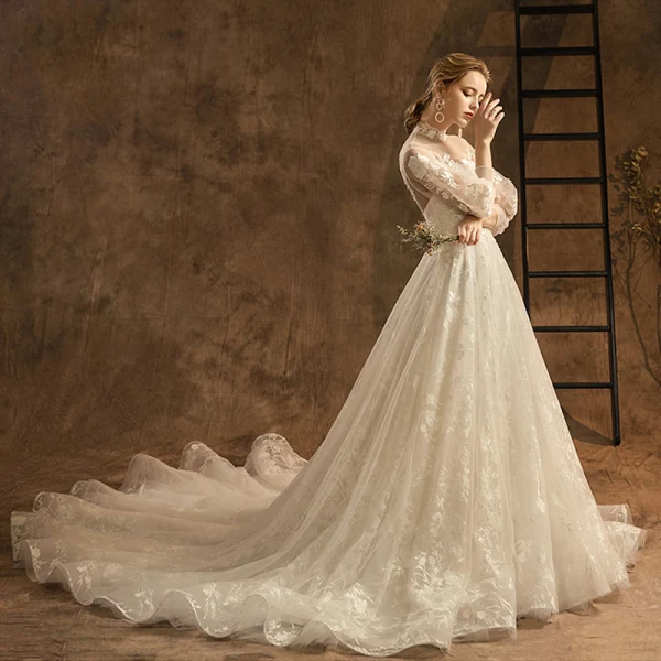 Elegant Champagne Wedding Dresses 2019 A-Line / Princess High Neck Lace Flower 3/4 Sleeve Backless Chapel Train
