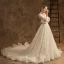 Elegant Champagne Wedding Dresses 2019 A-Line / Princess High Neck Lace Flower 3/4 Sleeve Backless Chapel Train