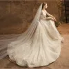 Elegant Champagne Wedding Dresses 2019 A-Line / Princess Scoop Neck Lace Flower Star 3/4 Sleeve Backless Chapel Train