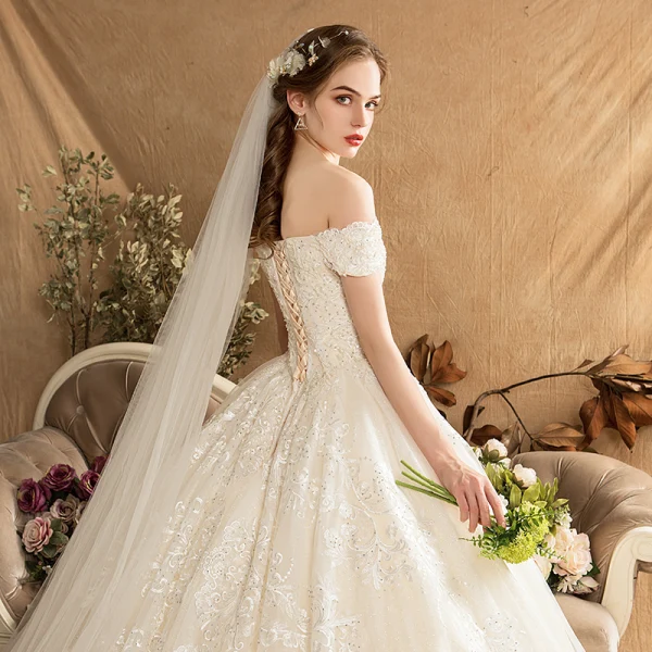 Luxury / Gorgeous Champagne Wedding Dresses 2019 Ball Gown Off-The-Shoulder Beading Pearl Rhinestone Lace Flower Short Sleeve Backless Royal Train