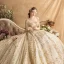 Luxury / Gorgeous Gold Wedding Dresses 2019 Ball Gown Square Neckline Glitter Tulle Beading Sequins Crystal 3/4 Sleeve Backless Royal Train