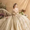 Luxury / Gorgeous Gold Wedding Dresses 2019 Ball Gown Square Neckline Glitter Tulle Beading Sequins Crystal 3/4 Sleeve Backless Royal Train