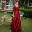 Modest / Simple Red Satin Bridesmaid Dresses 2021 A-Line / Princess Scoop Neck Bow Lace Flower 1/2 Sleeves Backless Floor-Length / Long Wedding Party Dresses