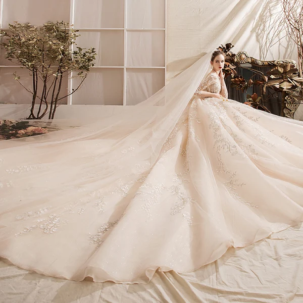 Luxury / Gorgeous Champagne Wedding Dresses 2019 Ball Gown Scoop Neck Handmade Beading Lace Flower Crystal 3/4 Sleeve Backless Royal Train