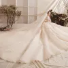 Luxury / Gorgeous Champagne Wedding Dresses 2019 Ball Gown Scoop Neck Handmade  Beading Lace Flower Crystal 3/4 Sleeve Backless Royal Train