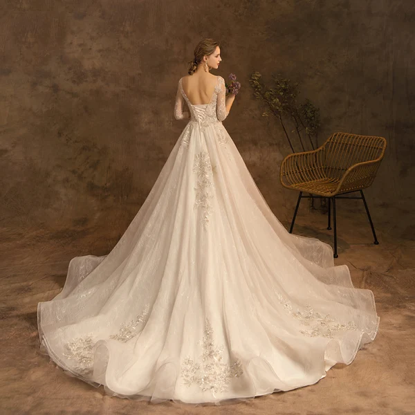 Charming Champagne Wedding Dresses 2019 A-Line / Princess Scoop Neck Beading Lace Flower Sequins 3/4 Sleeve Backless Cathedral Train Wedding