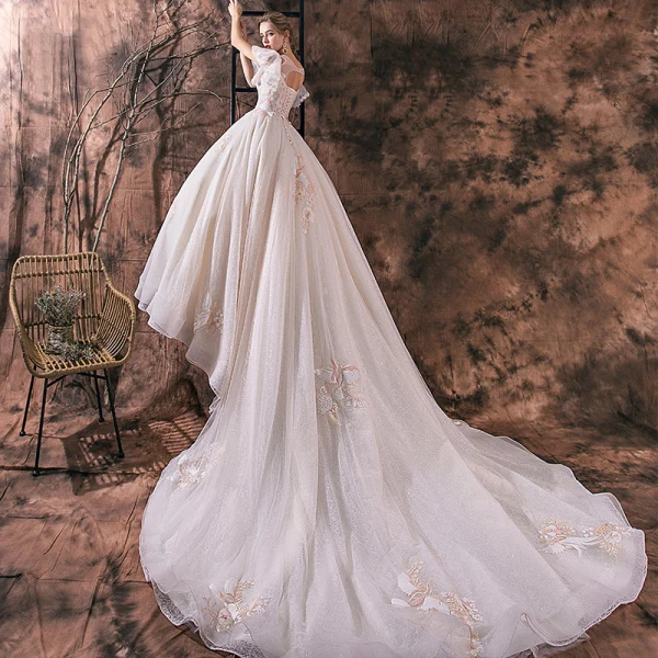 Elegant Champagne Wedding Dresses 2019 Ball Gown Scoop Neck Lace Flower Short Sleeve Backless Royal Train