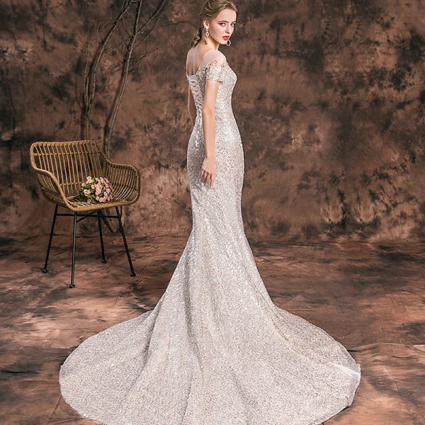 Sparkly Champagne Evening Dresses  2019 Trumpet / Mermaid Scoop Neck Glitter Lace Flower Sequins Short Sleeve Backless Chapel Train Formal Dresses