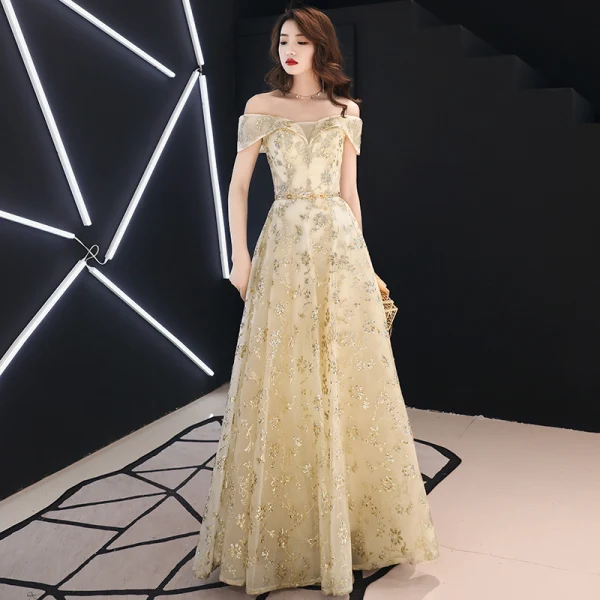 Modern / Fashion Gold Evening Dresses 2019 A-Line / Princess Off-The-Shoulder Glitter Sequins Metal Sash Short Sleeve Backless Floor-Length / Long Formal Dresses