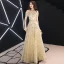 Modern / Fashion Gold Evening Dresses  2019 A-Line / Princess Off-The-Shoulder Glitter Sequins Metal Sash Short Sleeve Backless Floor-Length / Long Formal Dresses