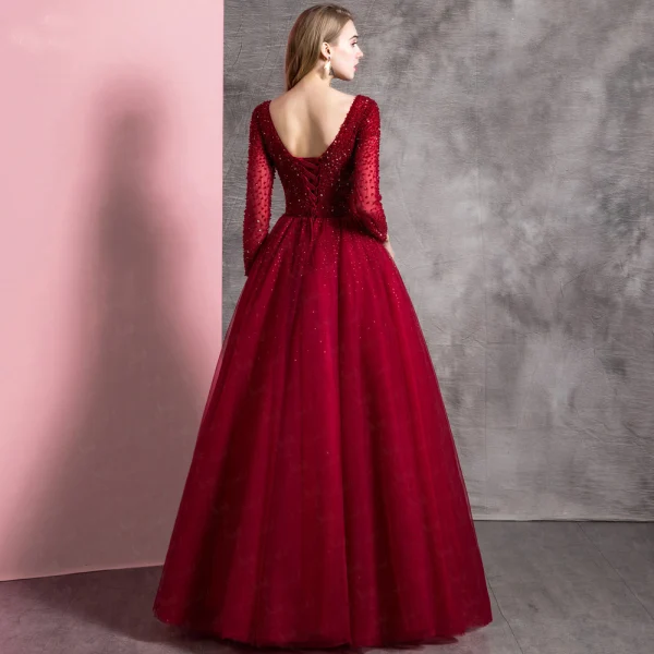Chic / Beautiful Burgundy Prom Dresses 2019 A-Line / Princess Scoop Neck Beading Crystal Sequins Long Sleeve Backless Floor-Length / Long Formal Dresses