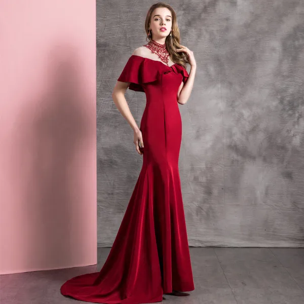 Chic / Beautiful Burgundy Evening Dresses 2019 Trumpet / Mermaid High Neck Beading Crystal Short Sleeve Sweep Train Formal Dresses