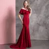 Chic / Beautiful Burgundy Evening Dresses  2019 Trumpet / Mermaid High Neck Beading Crystal Short Sleeve Sweep Train Formal Dresses