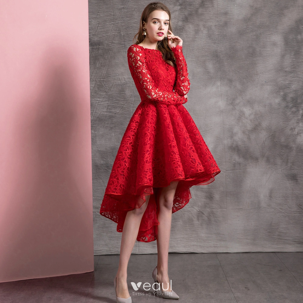 Chic Belle Couleur Unie Rouge Robe De Cocktail 2019 Princesse Encolure Degagee Dentelle Fleur Manches Longues Asymetrique Robe De Ceremonie