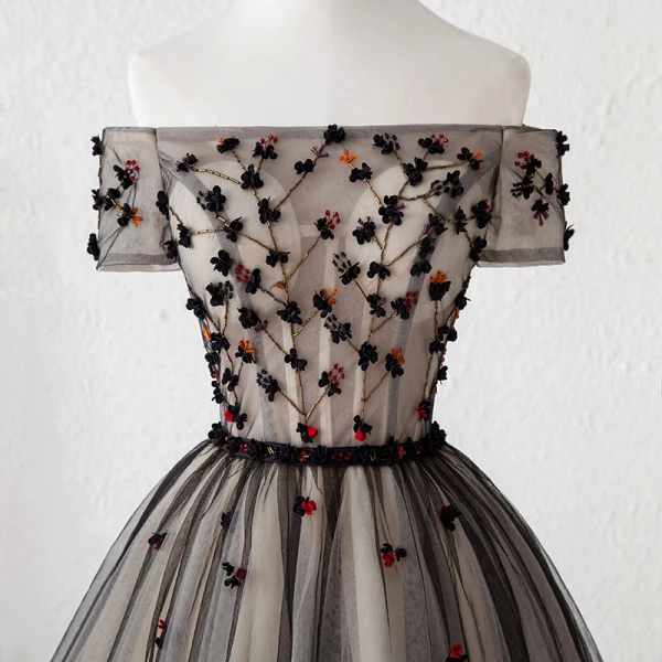 Charming Black Party Dresses 2019 A-Line / Princess Off-The-Shoulder Beading Crystal Appliques Bow Short Sleeve Backless Short Formal Dresses
