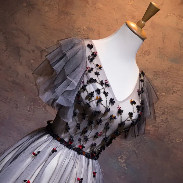 Chic / Beautiful Black Homecoming Graduation Dresses 2019 A-Line / Princess V-Neck Beading Crystal Appliques Short Sleeve Backless Bow Short Formal Dresses
