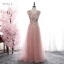 Elegant Blushing Pink Homecoming Graduation Dresses 2019 A-Line / Princess Lace Flower Pearl Rhinestone Backless Floor-Length / Long Formal Dresses