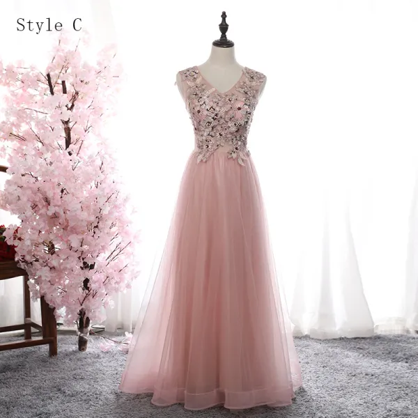 Elegant Blushing Pink Homecoming Graduation Dresses 2019 A Line Princess Lace Flower Pearl Rhinestone Backless Floor Length Long Formal Dresses