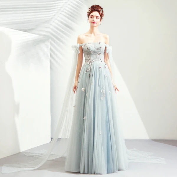 Elegant Sky Blue Prom Dresses 2019 A-Line / Princess Off-The-Shoulder Lace Flower Pearl Bow Sleeveless Backless Floor-Length / Long Formal Dresses