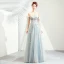 Elegant Sky Blue Prom Dresses 2019 A-Line / Princess Off-The-Shoulder Lace Flower Pearl Bow Sleeveless Backless Floor-Length / Long Formal Dresses