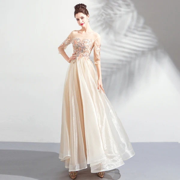 Elegant Champagne Prom Dresses 2019 A-Line / Princess Scoop Neck Embroidered 3/4 Sleeve Backless Floor-Length / Long Formal Dresses